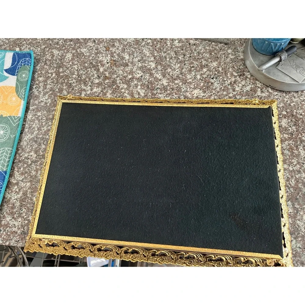 Vintage Ornate Gold Mirrored Vanity Tray Floral Filigree Hollywood Regency 17x11